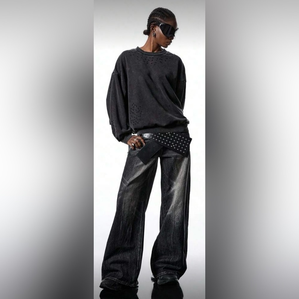 Rhinestone Black Acid Wash Long-Sleeve Shirt | XS | Cotton | NWT | Oversize - Picture 4 of 9